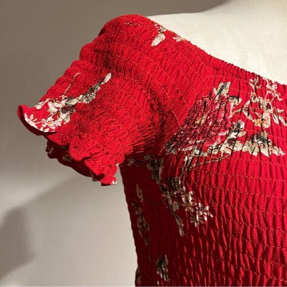 Smocked off shoulder sleeves midi floral dress - Picture 4 of 14